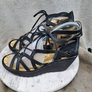 Fly London Shoes Womens EU 36 US 5.5-6 Black Leather Yuke Wedge Sandals *Read*